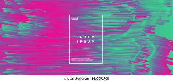 Abstract technology glitch art vector background with neon gradient lines in random chaotic order. Synthwave/ vaporwave/ cyberpunk futuristic style.