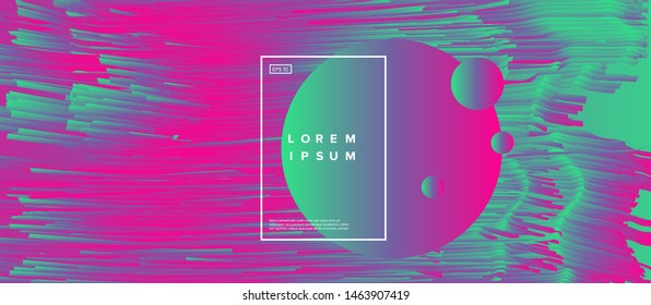 Abstract technology glitch art vector background with neon gradient lines in random chaotic order and sphere. Synthwave/ vaporwave/ cyberpunk futuristic style.