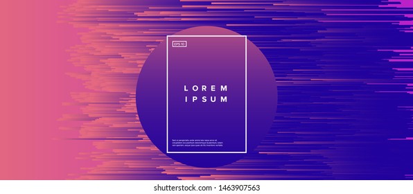 Abstract technology glitch art vector background with neon gradient lines in random chaotic order and sphere. Synthwave/ vaporwave/ cyberpunk futuristic style.