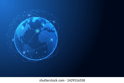 Abstract technology with global network connection dots on blue color background