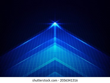 Tecnología abstracta que avanza hacia delante una flecha azul con iluminación y rejilla de línea sobre fondo azul. Ilustración del vector
