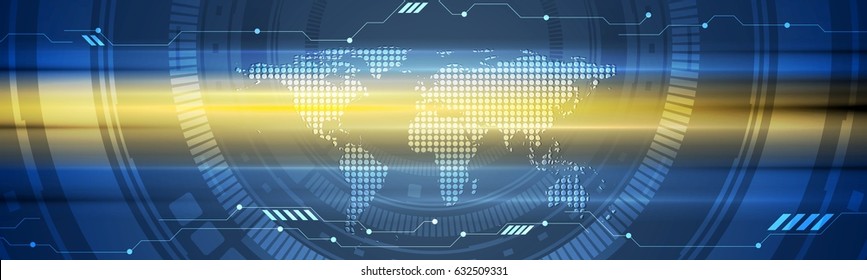Abstract technology glowing blue and orange web header design. Vector background template with dotted world map, gears and circuit board. Banner illustration
