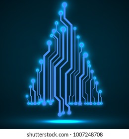 Abstract technology glowing Christmas tree, neon circuit board, vector illustration, eps 10