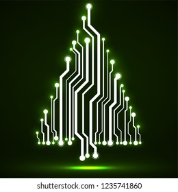 Abstract technology glowing Christmas tree, neon circuit board, vector illustration, eps 10