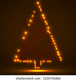 Abstract technology glowing Christmas tree, neon circuit board, vector illustration, eps 10