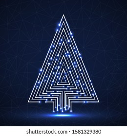 Abstract technology glowing Christmas tree made from circuit board. Vector illustration