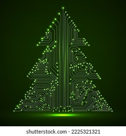 Abstract technology glowing Christmas tree, neon circuit board. Vector illustration