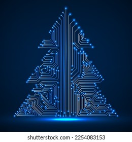 Abstract technology glowing Christmas tree, neon circuit board. Vector illustration