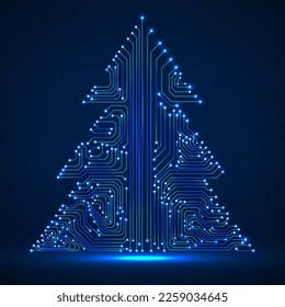 Abstract technology glowing Christmas tree, neon circuit board. Vector illustration