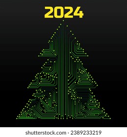 Abstrakte Technologie leuchtend Weihnachtsbaum 2024, neonische Schalttafel. Vektorgrafik
