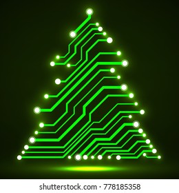 Abstract technology glowing Christmas tree, neon circuit board, vector illustration, eps 10