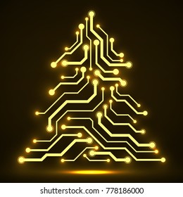 Abstract technology glowing Christmas tree, neon circuit board, vector illustration, eps 10
