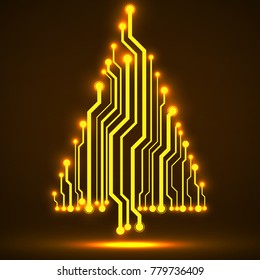 Abstract technology glowing Christmas tree, neon circuit board, vector illustration, eps 10