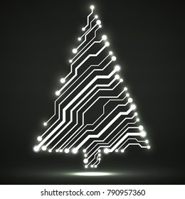 Abstract technology glowing Christmas tree, neon circuit board, vector illustration, eps 10