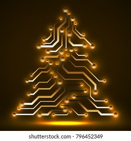 Abstract technology glowing Christmas tree, neon circuit board, vector illustration, eps 10