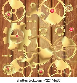 Abstract technology gold background. Cogwheels theme. Gold  gear wheels on wooden background. Vector illustration