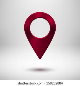 Abstract technology gps map pointer badge, button template with maroon (red) metal texture (chrome), realistic shadow and light background for interfaces (UI), applications (apps) and presentations.