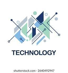 Abstract technology graphic with geometric shapes, lines, and dots, symbolizing digital connection, innovation, and data networks.