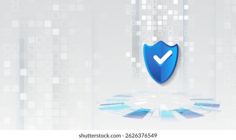 Abstract technology gray background with blue shield. Concept of cybersecurity, protection and safety of digital data. Protection of websites and information arrays. Network protection - Powered by Shutterstock - Get 15% off with code: PIKWIZARD15