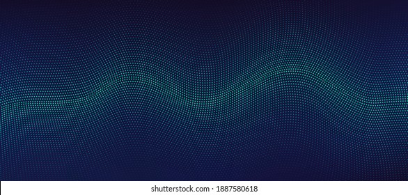 Abstract technology green and blue particles wavy design 3D movement of sound dynamic on dark blue background. Modern futuristic concept. Vector illustration 