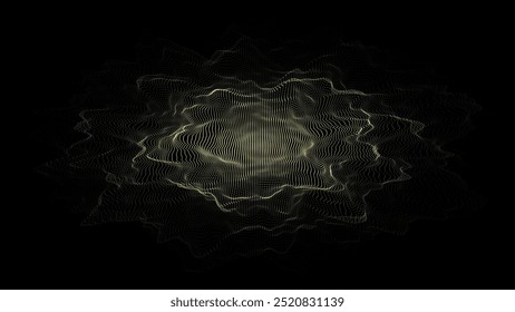 Abstract technology green wave with motion glowing dots. AI in virtual reality on digital background. Particle explosion. Wireframe texture. Dynamic analysis a network connection data.