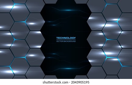 Abstract technology hexagon background with circuit electric lightning lines. Dark gray hexagonal tech vector abstract vector background. Blue bright energy flashes under honeycomb texture grid.