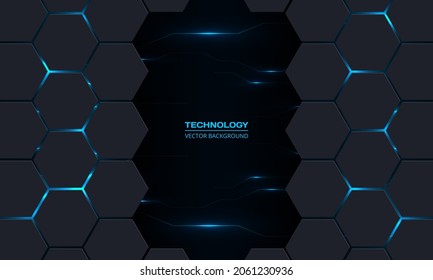 Abstract technology hexagon background with circuit electric lightning lines. Dark gray hexagonal tech vector abstract background. Blue bright energy electric flashes under honeycomb texture grid.