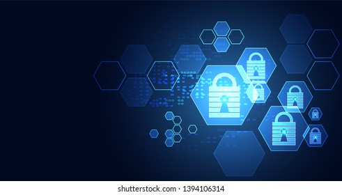 Abstract technology hexagon digital cyber security privacy information network concept padlock protection digital network internet link on hi tech blue future background