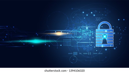 Abstract technology hexagon digital cyber security privacy information network concept padlock protection digital network internet link on hi tech blue future background