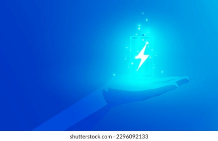 Abstract technology Hitech communication concept of electronic in digital, polygon hand holding  charged batteries, bolt lighting, hand power protection, vector design. 