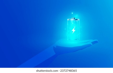 Abstract technology Hitech communication concept of electronic in digital, polygon hand holding  charged batteries, bolt lighting, hand power protection, vector design. 