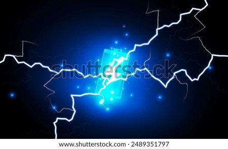 Abstract technology Hitech communication concept of electronic in digital, charged batteries, bolt lighting, hand power protection, vector design. 