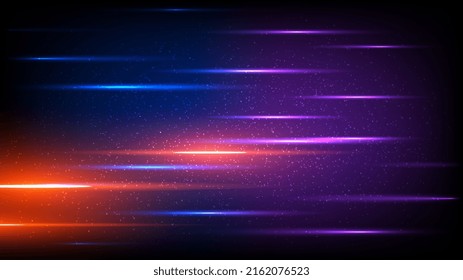 Abstract technology horizontal motion light style, Connecting particles with purple, blue and orange light. Science, future, energy technology concepts. Digital beam of light trails. Vector EPS10