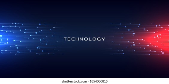 Abstract technology horizontal motion style concept  Particle connection background design and red   blue lights  vector illustration 