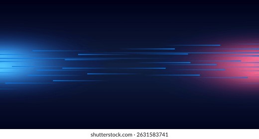 Concepto de estilo de movimiento Horizontal de tecnología Abstractas. Diseño de fondo de conexión de partículas con luces rojas y azules. Ilustración vectorial.