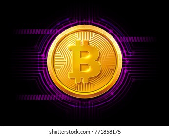 Abstract technology HUD bitcoin symbol. Golden bitcoin coin on dark background. Virtual money Digital currency. Vector stock illustration. EPS 10