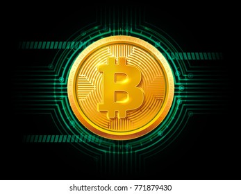 Abstract technology HUD bitcoin symbol. Golden bitcoin coin on dark background. Virtual money Digital currency. Vector stock illustration. EPS 10