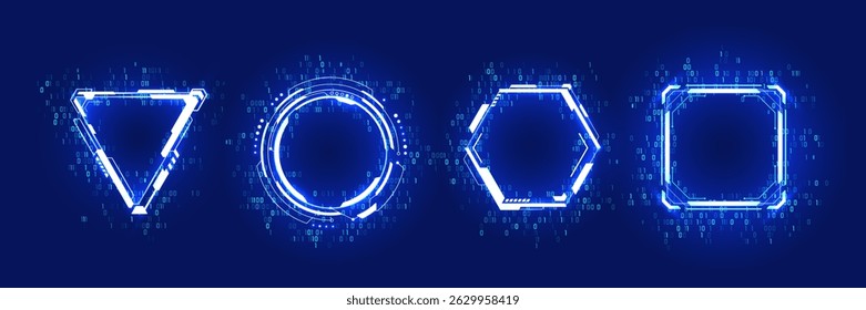 Abstract technology HUD elements or neon portals in futuristic geometric forms. Binary code and light neon frames with tech design elements. UX game signs. AI game concept. Vector illustrations
