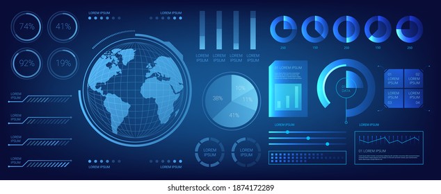 Abstract technology hud infographic diagram. Data screen with chart, graphic, ui panel, visualization screen. Vector futuristic neon ui digital illustration on tech panel with dark blue background.