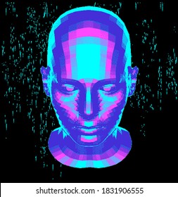 Abstract technology illustration with low poly 3d face mask. Conceptual cover for Artificial intelligence, Facial recognition and Neural Network subjects.