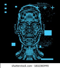 Abstract technology illustration with low poly 3d face mask. Conceptual cover for Artificial intelligence, Facial recognition and Neural Network subjects.