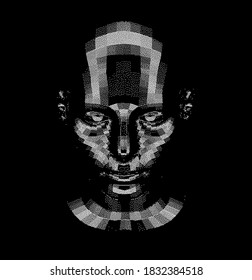 Abstract technology illustration with low poly 3d face mask. Conceptual cover for Artificial intelligence, Facial recognition and Neural Networks subjects.