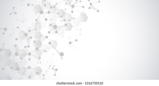 Abstract technology and innovation background with molecular structures and neural network. Molecules DNA and genetic engineering. Technical and scientific concept