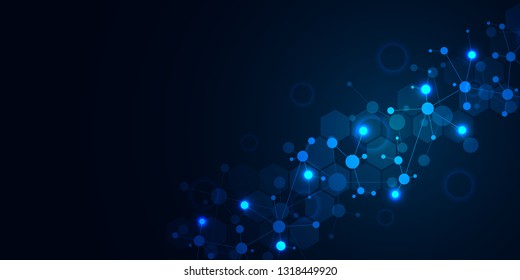 Abstract technology and innovation background with molecular structures and neural network. Molecules DNA and genetic engineering. Technical and scientific concept