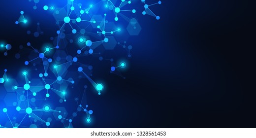 Abstract technology and innovation background with molecular structures and neural network. Molecules DNA and genetic engineering. Technical and scientific concept