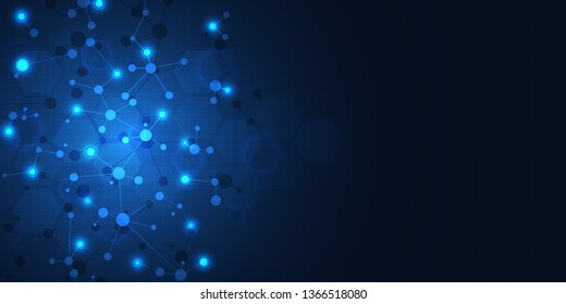 Abstract technology and innovation background with molecular structures and neural network. Molecules DNA and genetic engineering. Technical and scientific concept