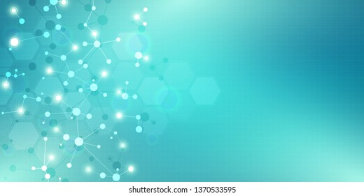 Abstract technology and innovation background with molecular structures and neural network. Molecules DNA and genetic engineering. Technical and scientific concept