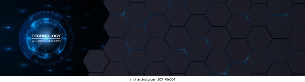Abstract technology innovation concept background with circuit board HUD interface and hexagon grid. Blue bright energy flashes under hexagon in technology futuristic wide horizontal vector banner.