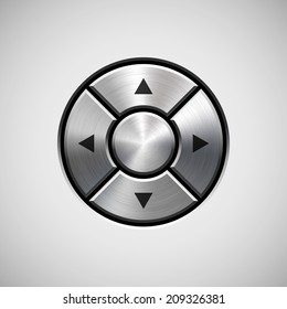 Abstract technology joystick button template arrows, realistic metal texture (chrome, silver, steel) and light background for internet sites, web user interfaces, UI and applications, apps. Vector.