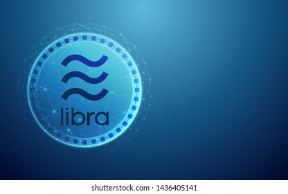 Abstract technology with libra currency and network connection dots on blue color background